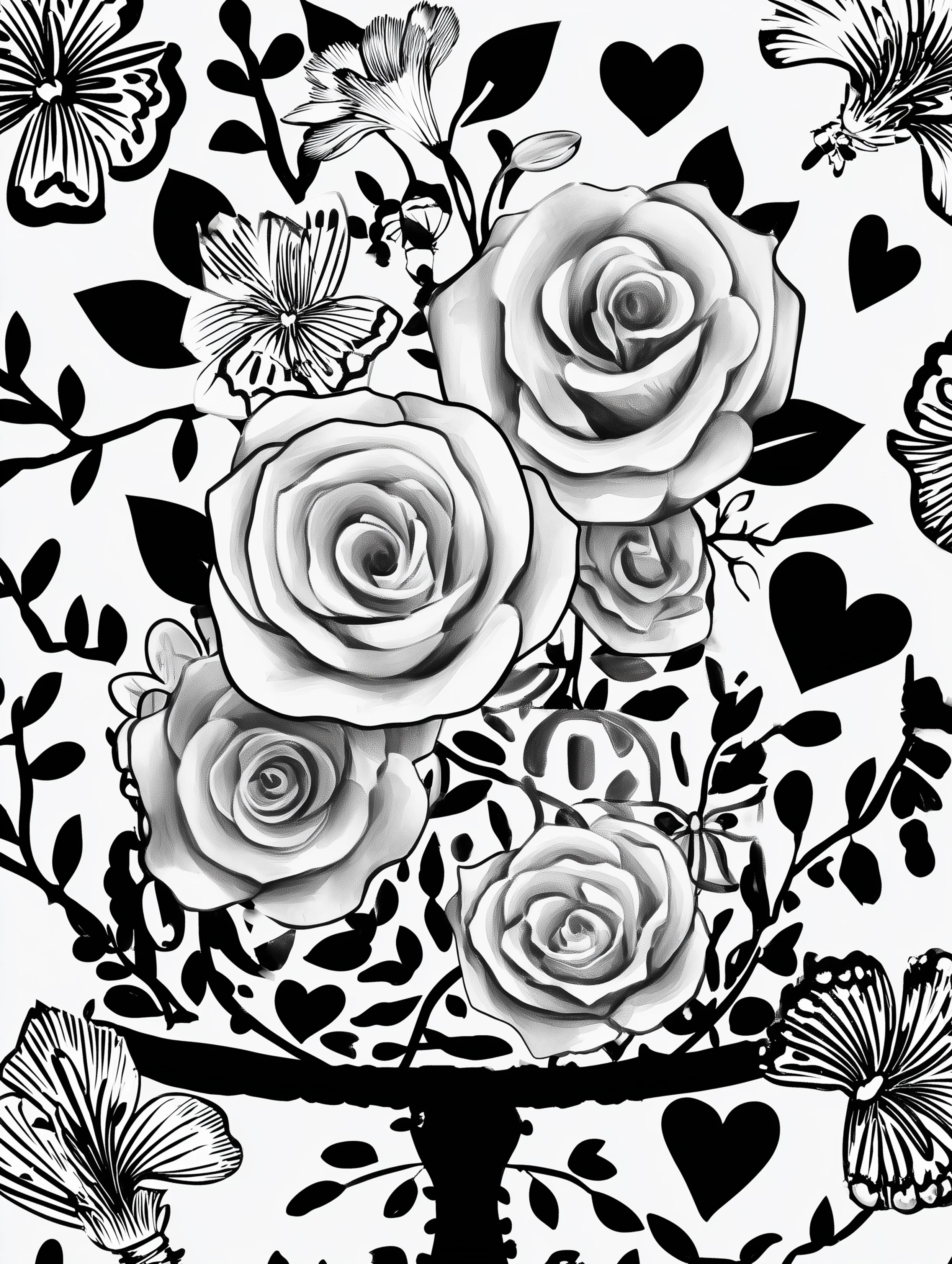 Free printable rose coloring page for adults featuring a cake made of roses